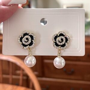 Earrings Floral Gold & Black With Crystals and Faux Pearl Dangle New
